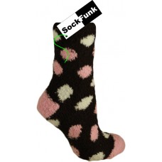 Fluffy Bed Socks Brown with Pink and White dots